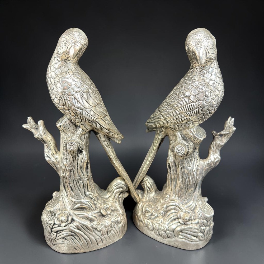 Vintage EPNS Silver Plate Parrot Bird Figurines Pair 10" India Lacquered Heavy